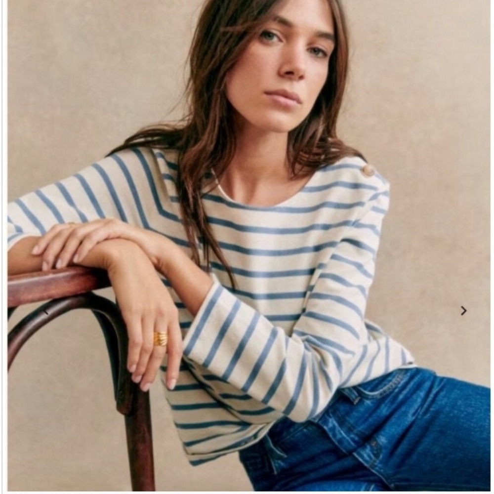 Sezane Colette Mariniere Striped Cotton Top Blue Cream Button Shoulder XL